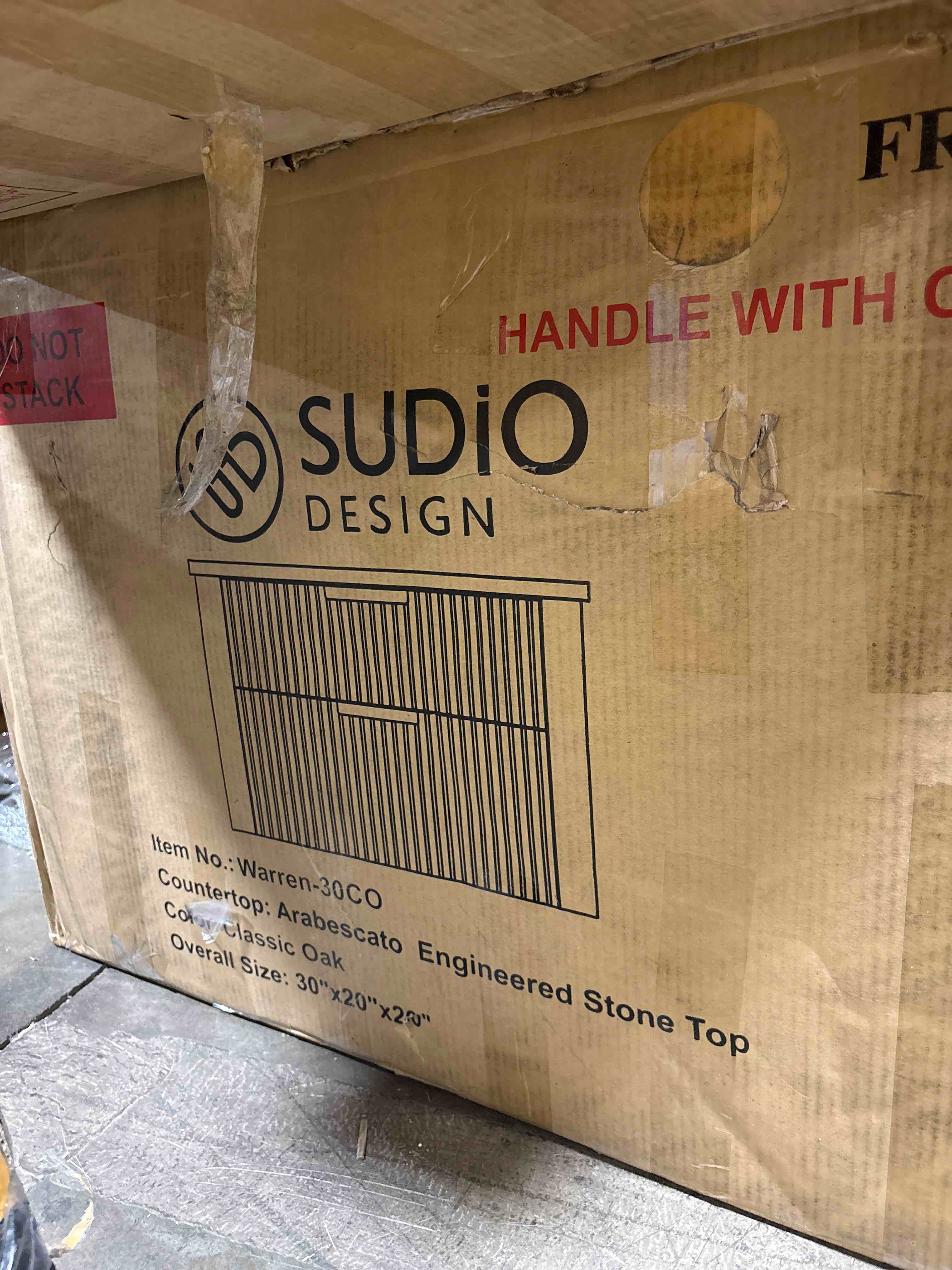 Condition photo showing New/Like New for sudio warren 30 in w x 20 in d x 34 in h floating bath vanity in aged oak with engineered stone top in arabescato white sink