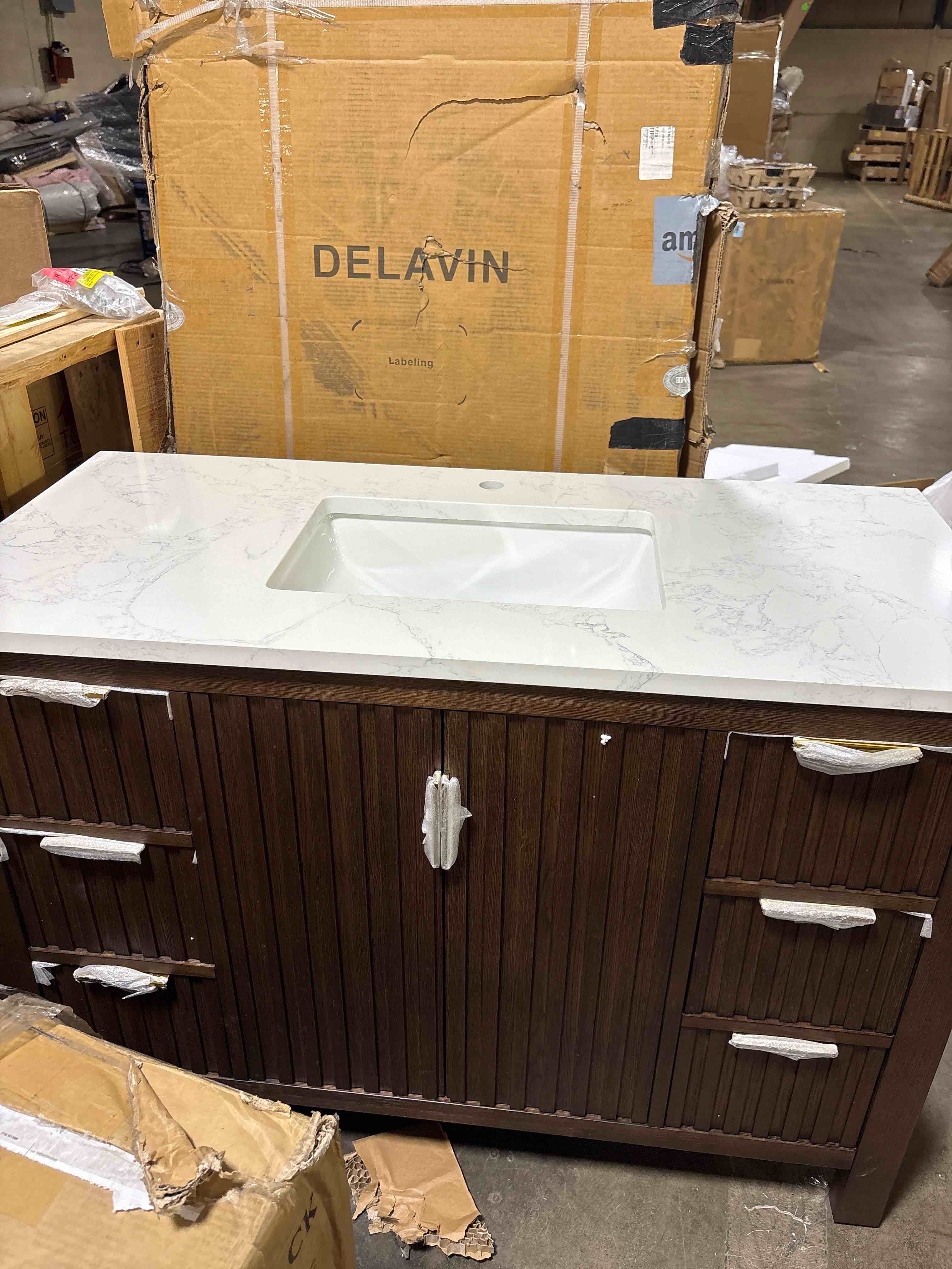 Condition photo showing New/Like New for vinnova design shenzhen 48" single sink bath vanity in aged dark brown oak