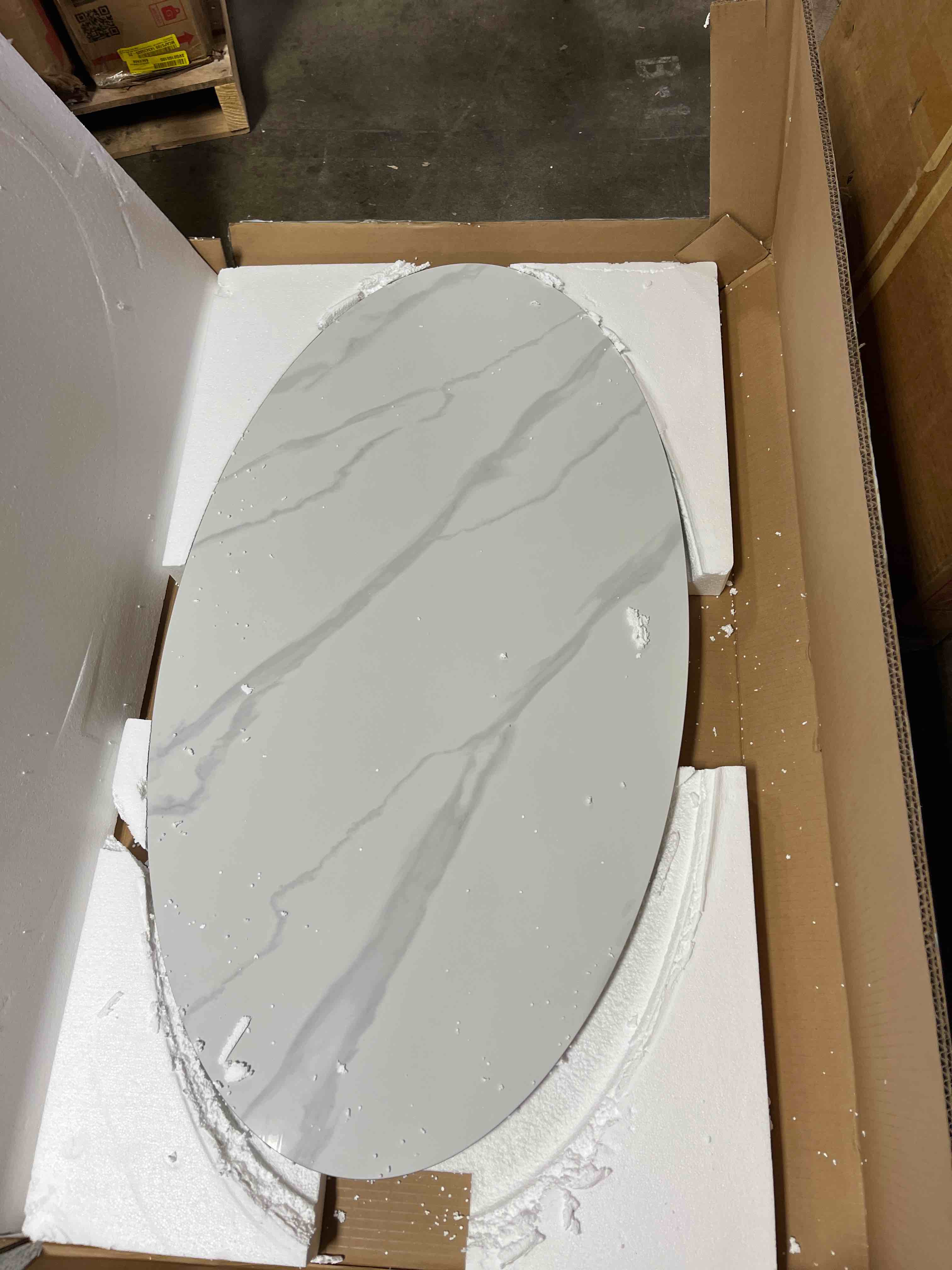 Condition photo showing Good Condition for 49.2" oval coffee table with faux marble top, gold stainless steel base with abstract fantastic midsize sphere crescent-shaped design by everly quinn (table top only)