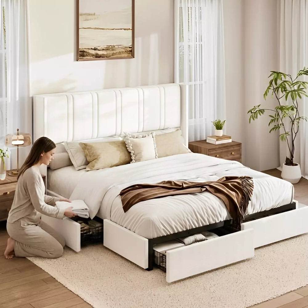 Condition photo showing Good Condition for modro linen bed frame with storage, incomplete box 2 of 2 only! 