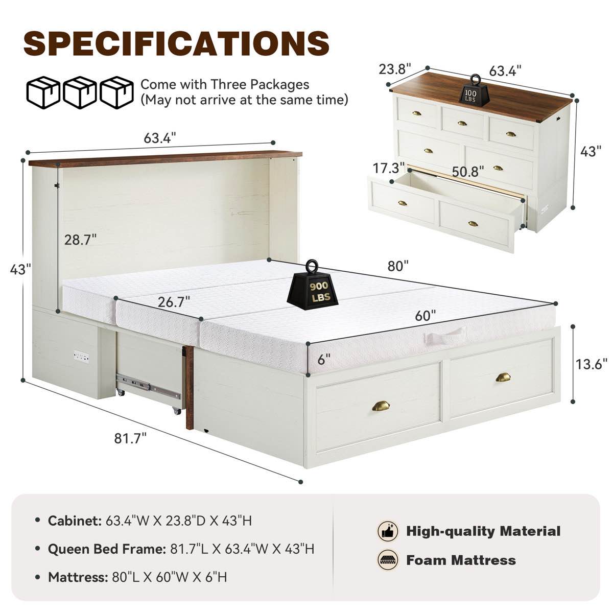 Condition photo showing Good Condition for farmhouse queen murphy bed with charging station & fold mattress included, white by millwood pines, incomplete box 1 of 2 only! 