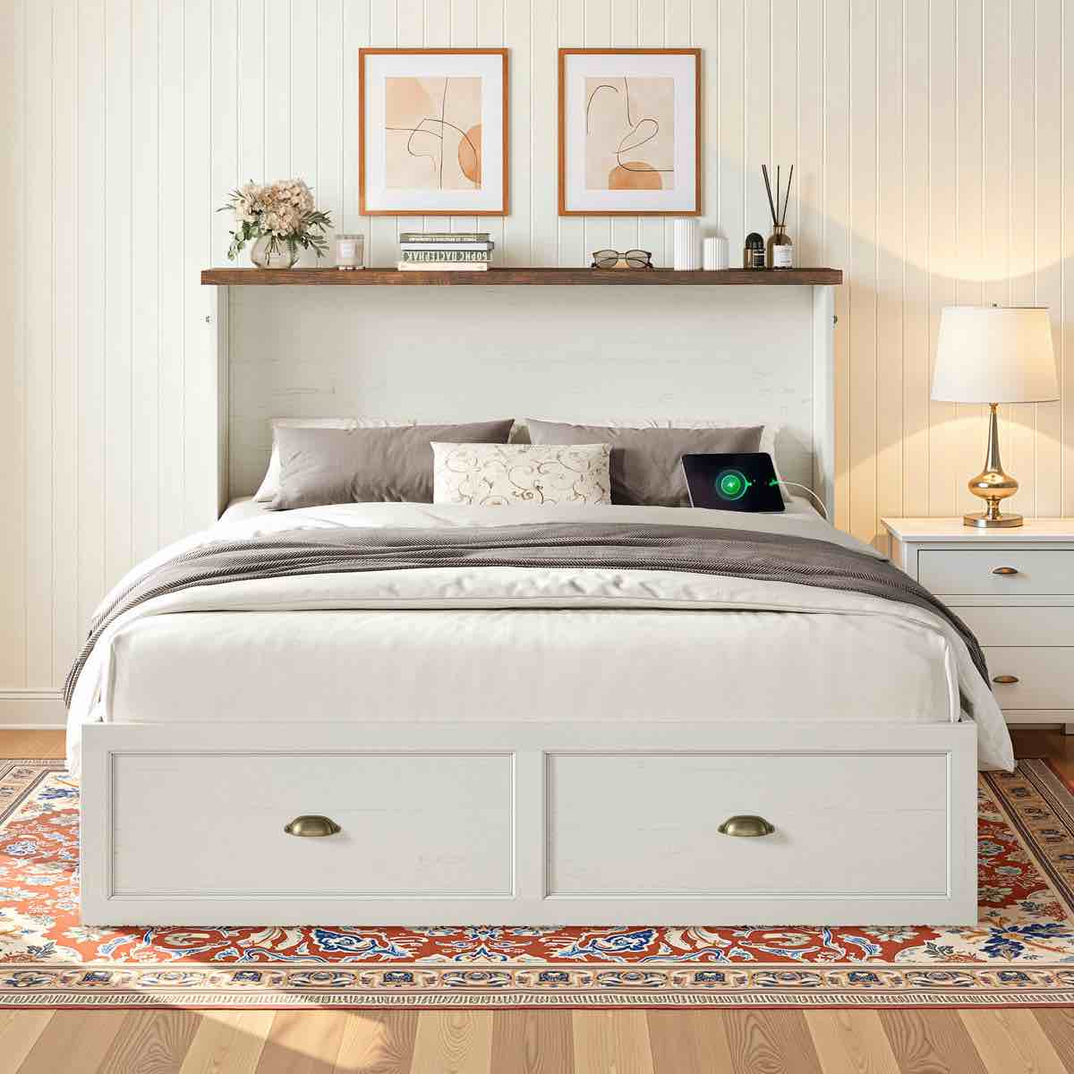 farmhouse queen murphy bed with charging station & fold mattress included, white by millwood pines, incomplete box 1 of 2 only! 