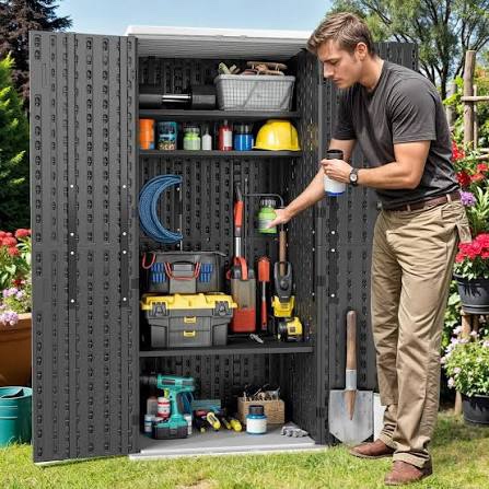 dwvo outdoor vertical storage shed with 4 shelves, waterproof tall plastic storage shed with 4 adjustable shelf, 30 cu. ft. patio tools storage for patio, garden, backyard, deck, dark grey