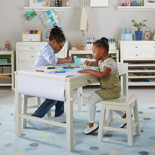 Condition photo showing New/Like New for martha stewart crafting kids art table with paper roll - linen white: kids craft desk and art organizer for kids | wooden toddler activity table | playroom arts and craft storage