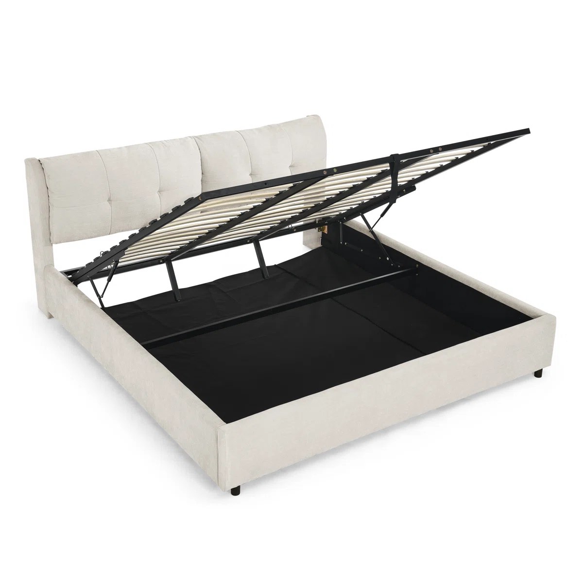 Condition photo showing New/Like New for king size storage upholstered hydraulic platform bed with integrated headboard, chenille fabric, black by latitude run