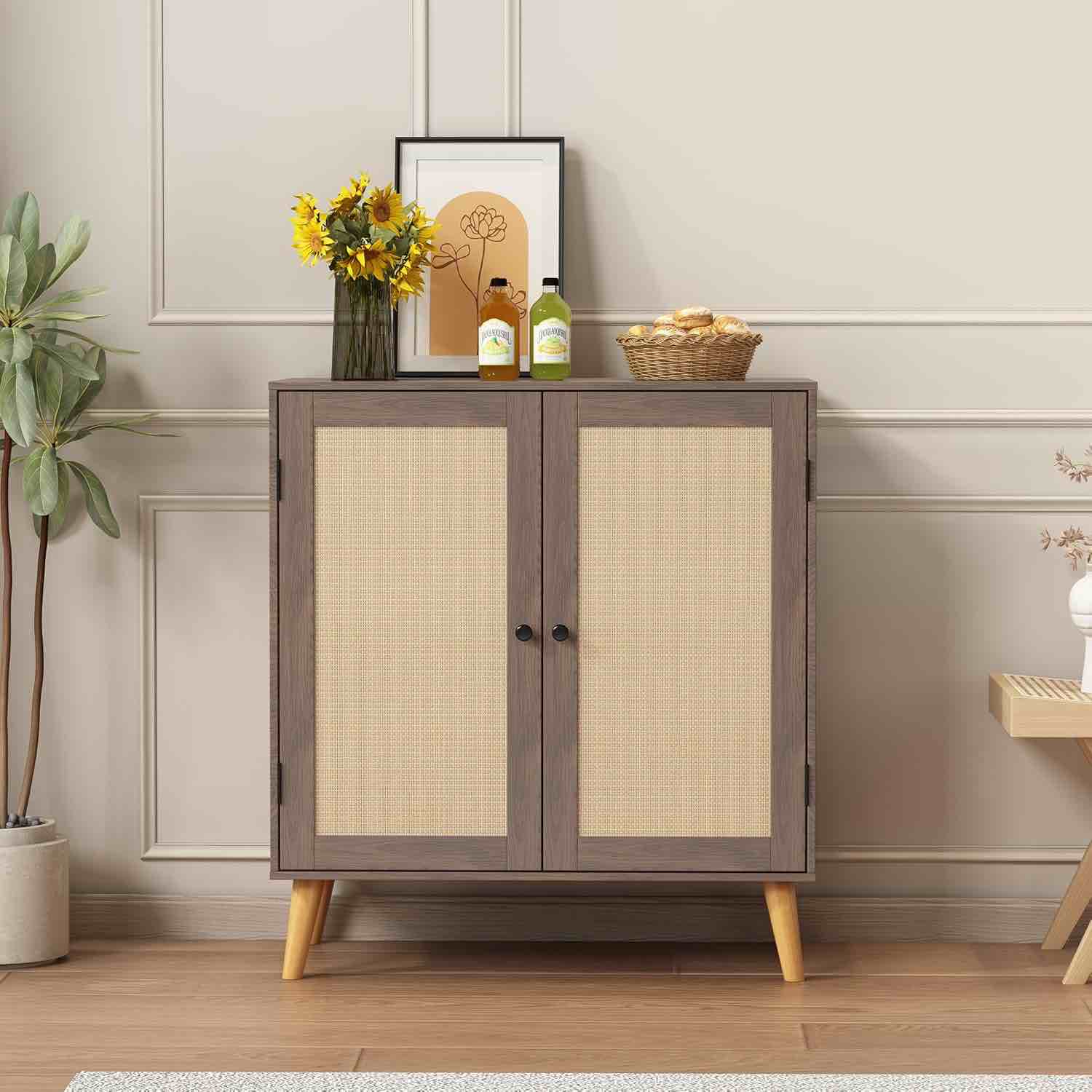 sideboard buffet kitchen storage cabinet with rattan decorated doors, dining room, living room?hallway, cupboard console table, liquor/accent cabinet, (oak)