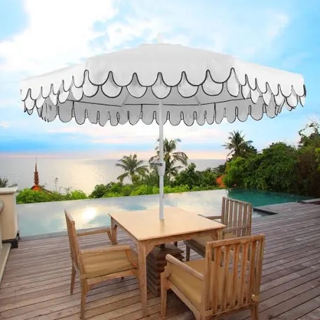 tracy 9 ft. scalloped fringe market patio umbrella with auto-tilt, crank, wind vent and uv protection in white/black