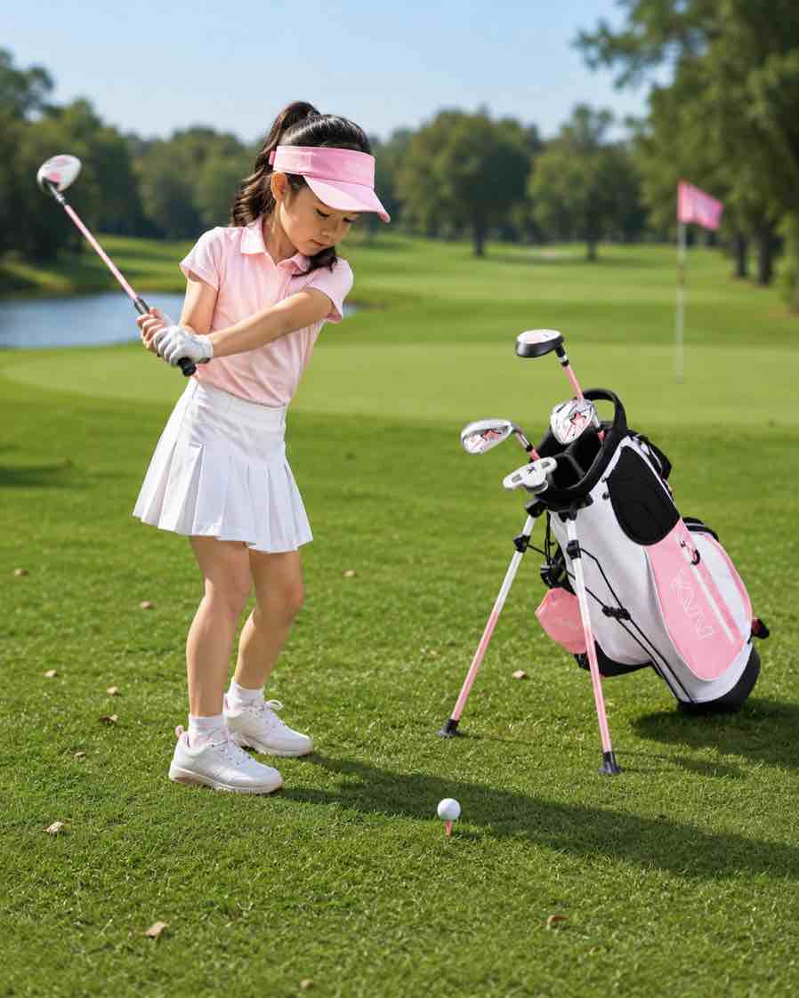 kvv junior complete golf club set for kids/children right hand, includes oversize driver, irons, putter, head cover, portable golf stand bag (3'11-4'1 height/age 5-7)