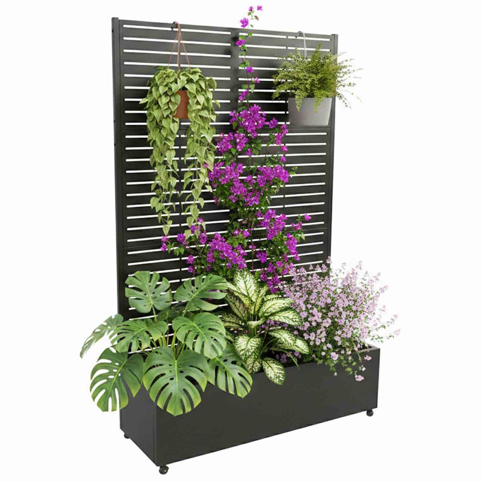 Condition photo showing Good Condition for garvee metal planter box with trellis, 71.5"x47"x16" raised garden bed with wheels for climbing plants, black