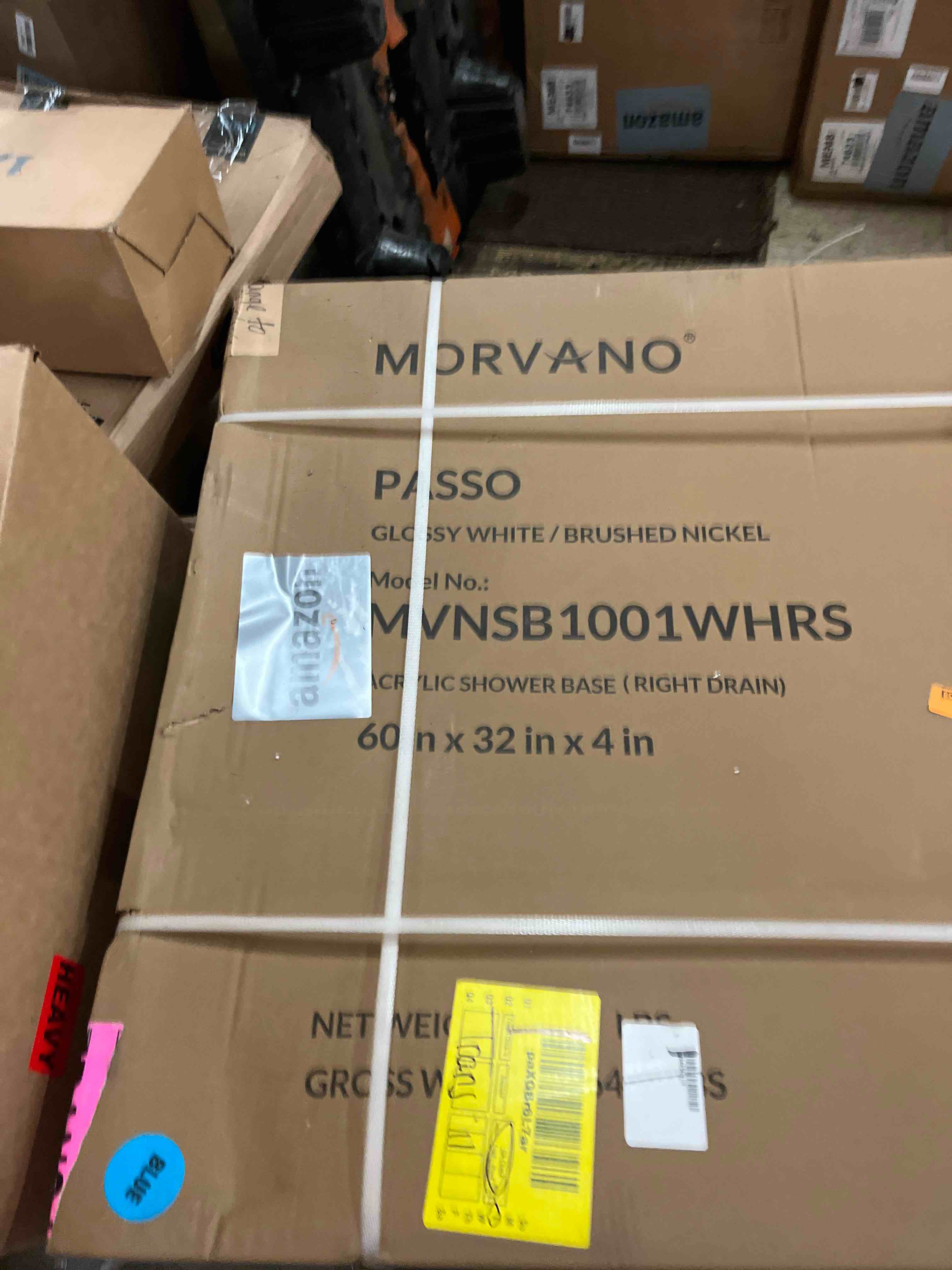 Condition photo showing New/Like New for morvano shower base 60" x 32" right drain, shower pan kit with stainless steel cover, non-slip acrylic in white, brush nickel for bathroom