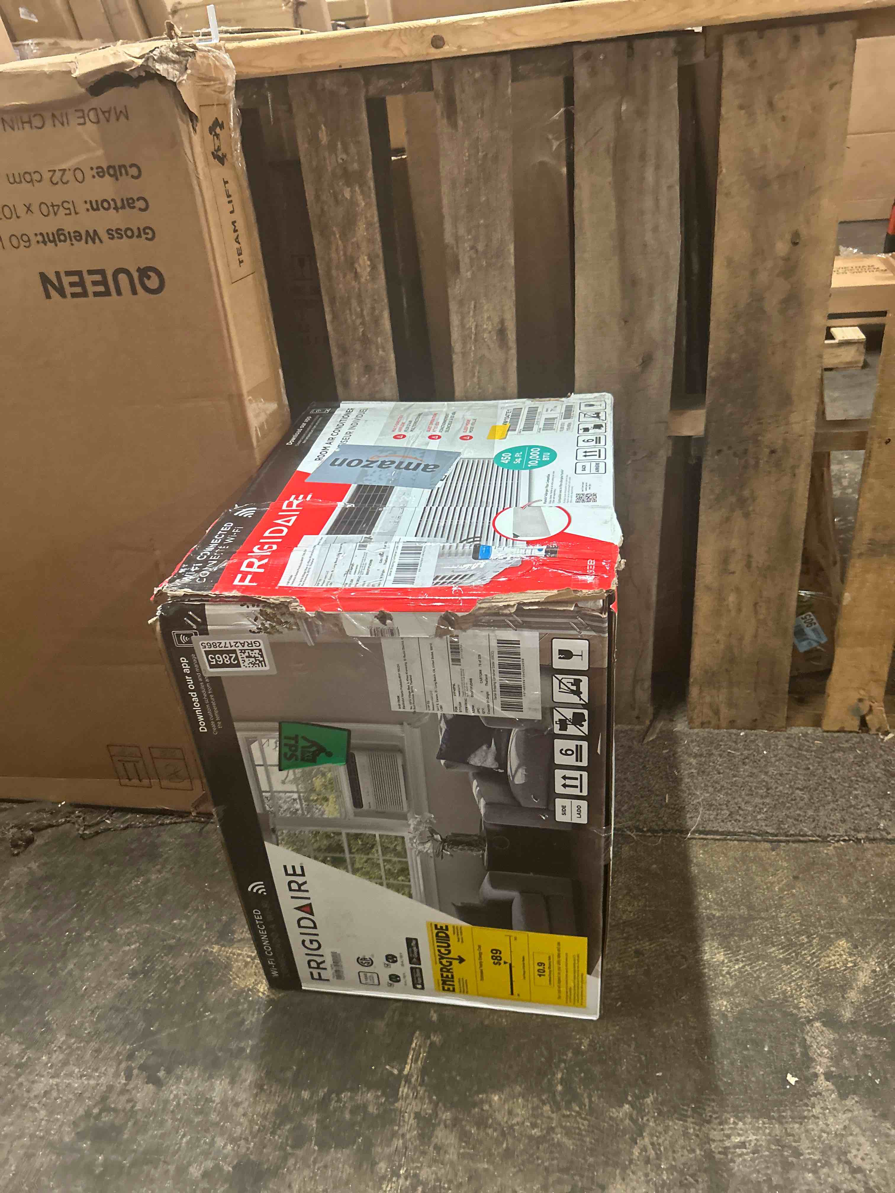 Condition photo showing New/Like New for frigidaire 10,000 btu smart window air conditioner with wi-fi, cools up to 450 sq. ft., remote control, quiet operation, eco mode, 3 fan speeds, white