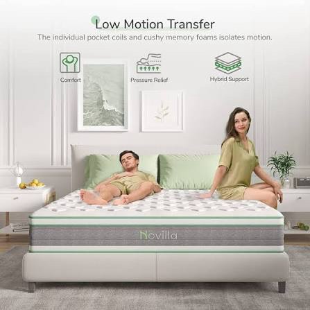 Condition photo showing New/Like New for novilla full mattress 12 inch hybrid mattress in a box, innerspring mattress with gel memory foam for a cool sleep, pressure relief, medium firm mattress with pillow top, groove