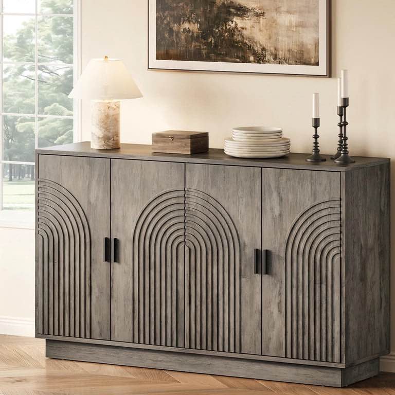 fluted sideboard buffet cabinet with storage - 57" credenza coffee bar cabinet with 4 doors, accent kitchen storage cabinets with adjustable shelves for living room & kitchen, entryway, grey