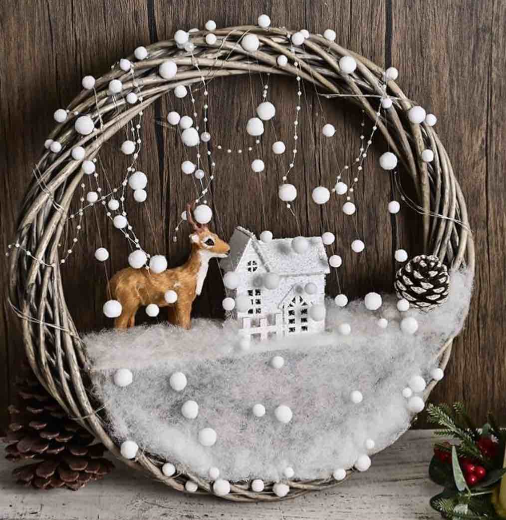 16in Christmas Elk Wreath with Lights,Glowing Front Door Christmas Village Wreath Holiday Decor for Home Wall Window Indoor Outdoor Outside Winter Party,Batteries Not Included (Gray Border)