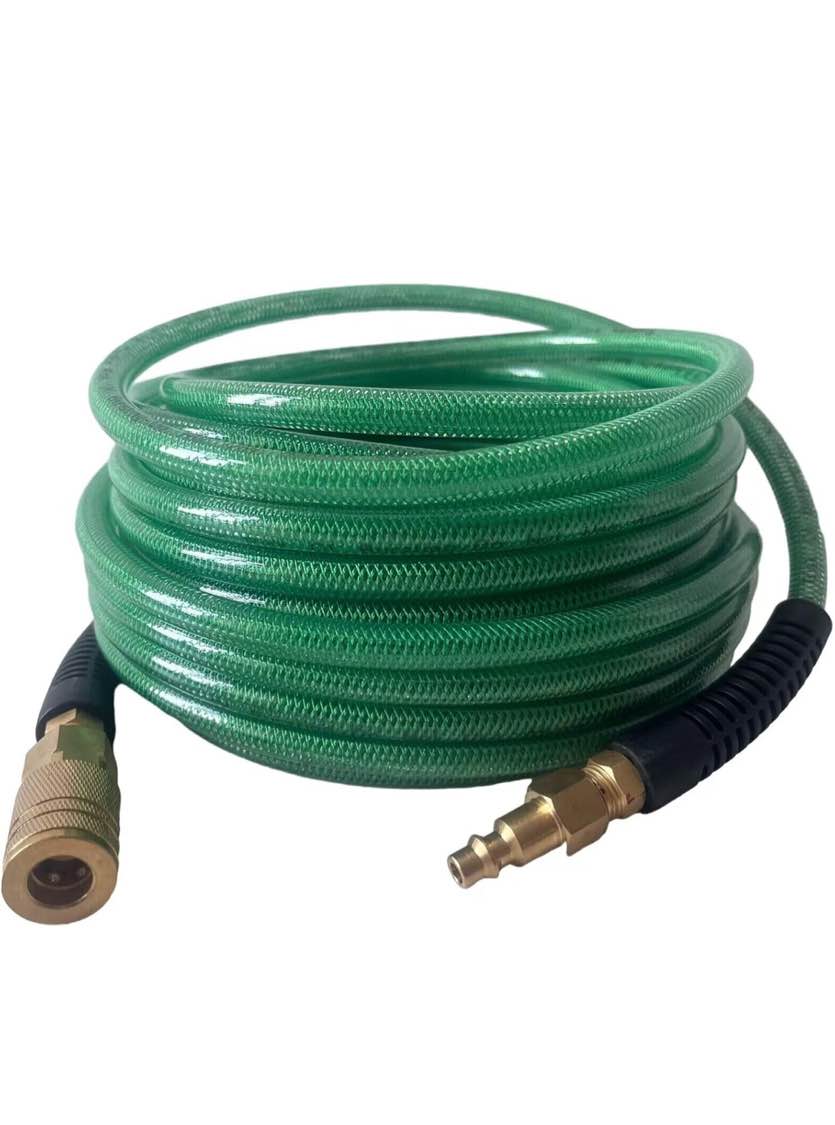 Air Hose 1/4 in x 100 ft, Polyurethane(PU), Reinforced Air Compressor Hose, Lightweight, Kink Resistant with 1/4” Industrial High Flow Quick Coupler&Plug, Bend Restrictors,300 PSI (100FT, White Green)
