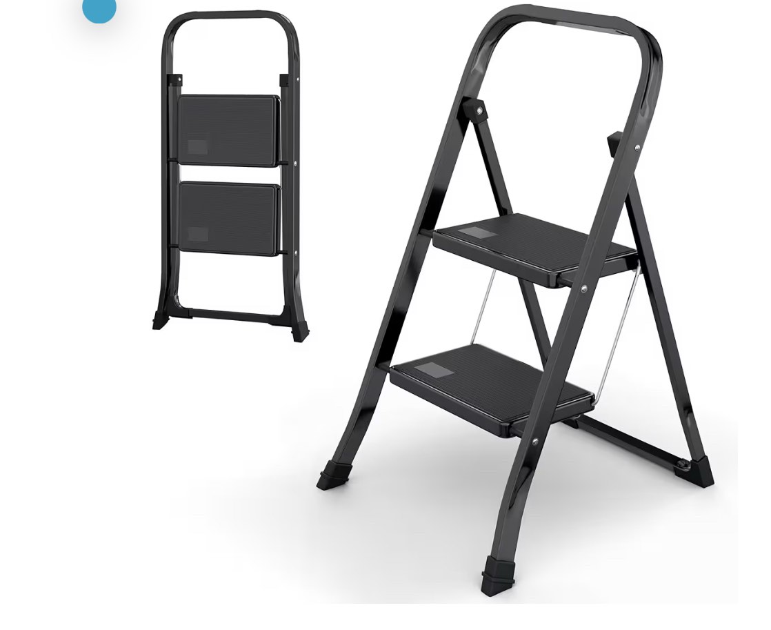 2-Step Ladder with Wide Anti-Slip Platform & Thick Rubber Feet - Lightweight Heavy Duty Foldable & Portable - 330 lbs Capacity, Steel Frame, Rubber Handgrip, Folding Step Stool - Black