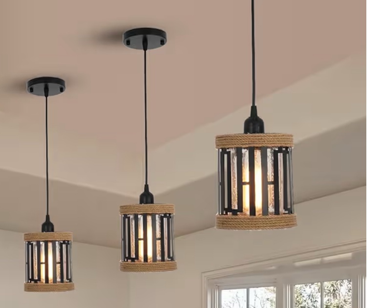Industrial 3 Pack Pendant Light, Adjustable Pendant Light Fixture in Black Finish Cage, Farmhouse Chandelier with Clear Glass, Modern Hanging Light for Kitchen Island Dining Room Hallway