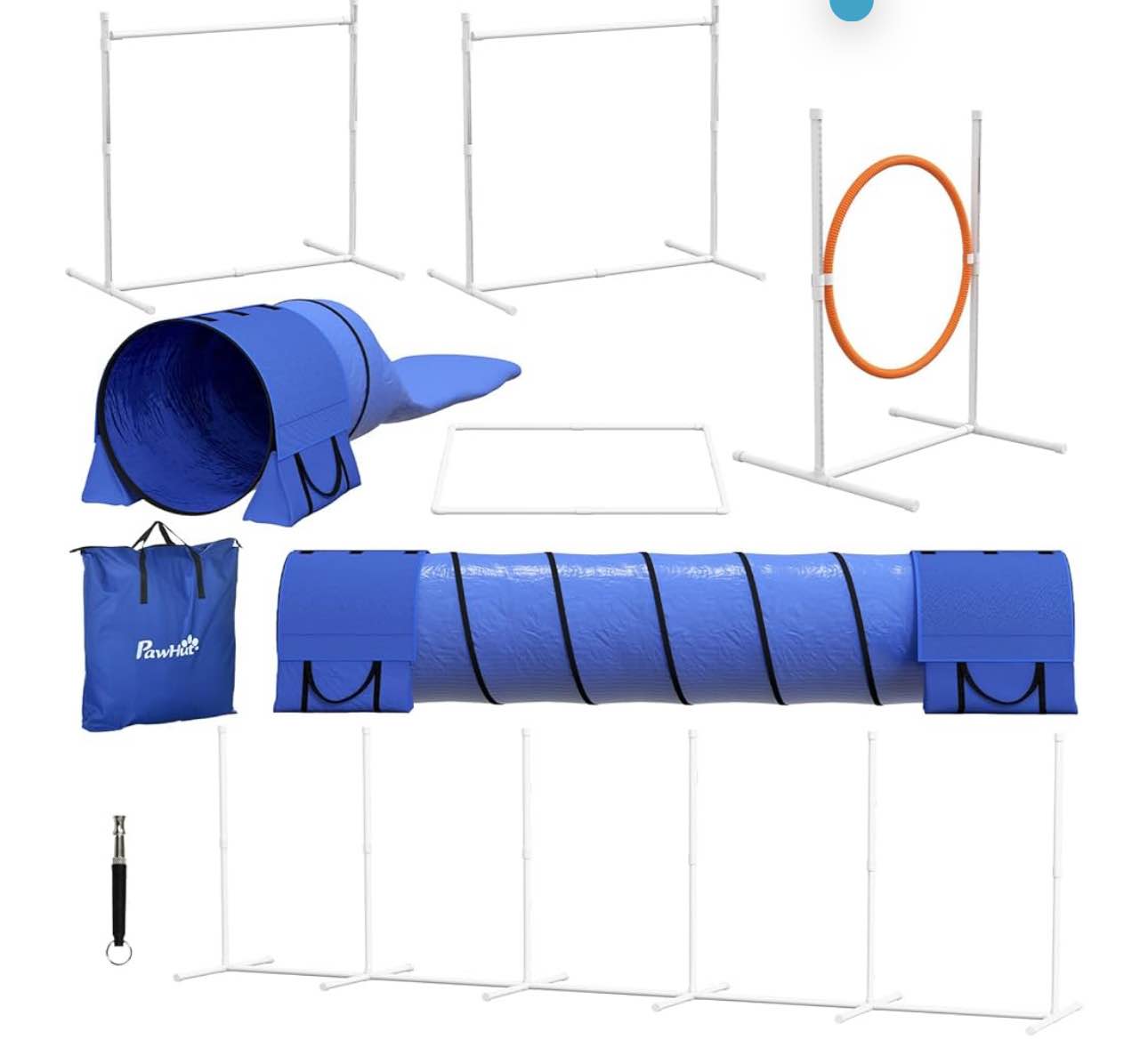 PawHut 7 Piece Dog Agility Training Equipment, Dog Obstacle Course Starter Kit with Tunnels, Weave Poles, Adjustable Hurdles, Jumping Ring, Pause Box, Whistle, Blue ( USED)