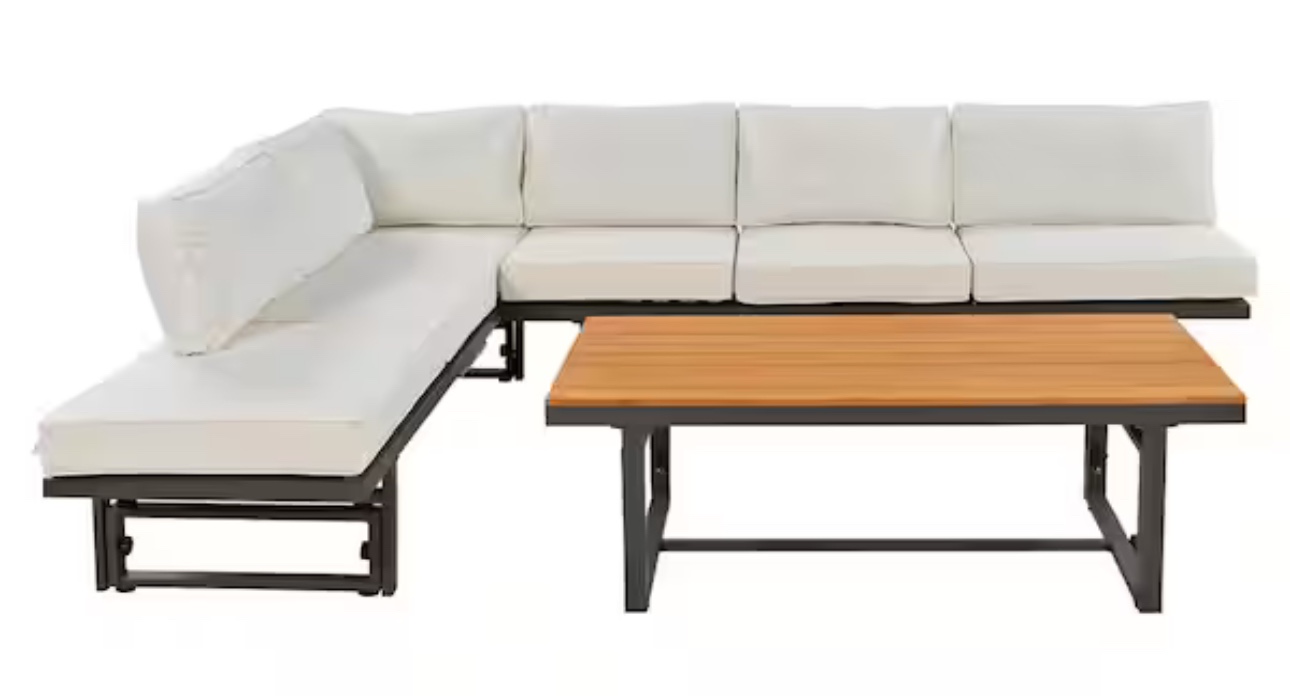 3-Piece Metal Multi Functional Outdoor Sectional Set with Height Adjustable Seating, Coffee Table and Beige Cushions ( 3 Boxes Total) Missing one box