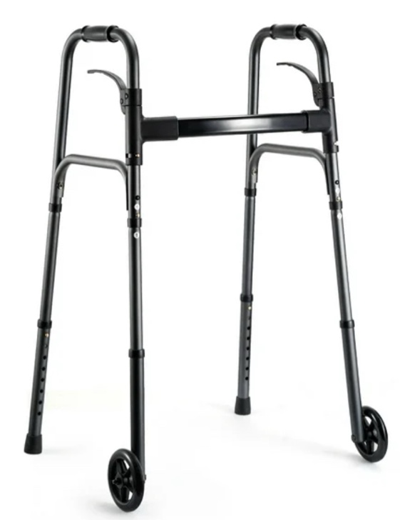 Naipo Compact Folding Walker for Seniors & Adults, Deluxe Lightweight Mobility Aids Walker with 5" Wheels and Trigger Release up to 300 lbs, Aluminium