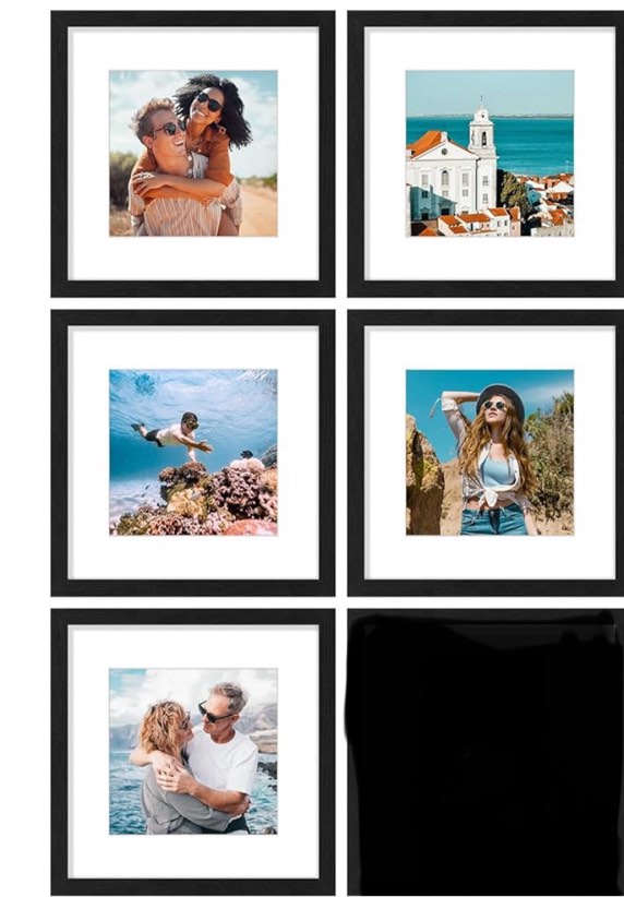 Vittanly 12x12 Picture Frames Set of 5, Shatter Resistant Plexiglass, Display 8x8 Pictures with Mat or 12x12 without Mat, Photo Frames for Wall Mount, Engineered Wood, Black