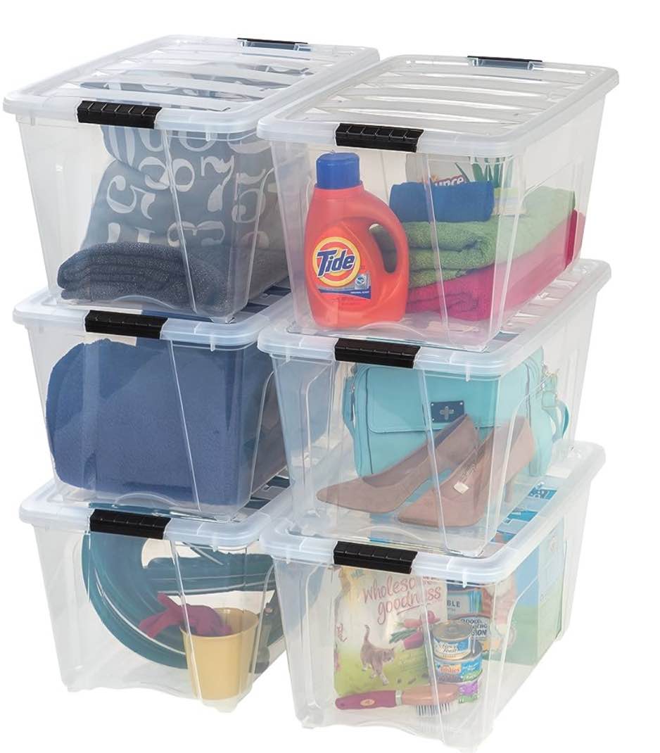 IRIS USA 54 Qt Stackable Plastic Storage Bins with Lids, 6 Pack - BPA-Free, Made in USA - See-Through Organizing Solution, Latches, Durable Nestable Containers, Secure Pull Handle - Clear ( One lid Is Broken)