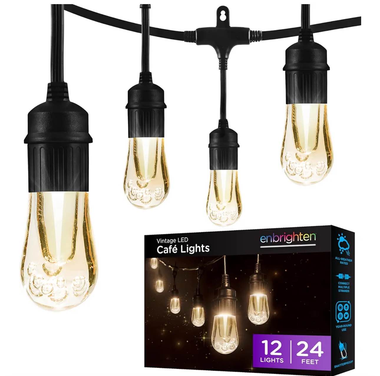 Enbrighten LED Outdoor String Lights 24ft Soft Warm White Patio Lights ...