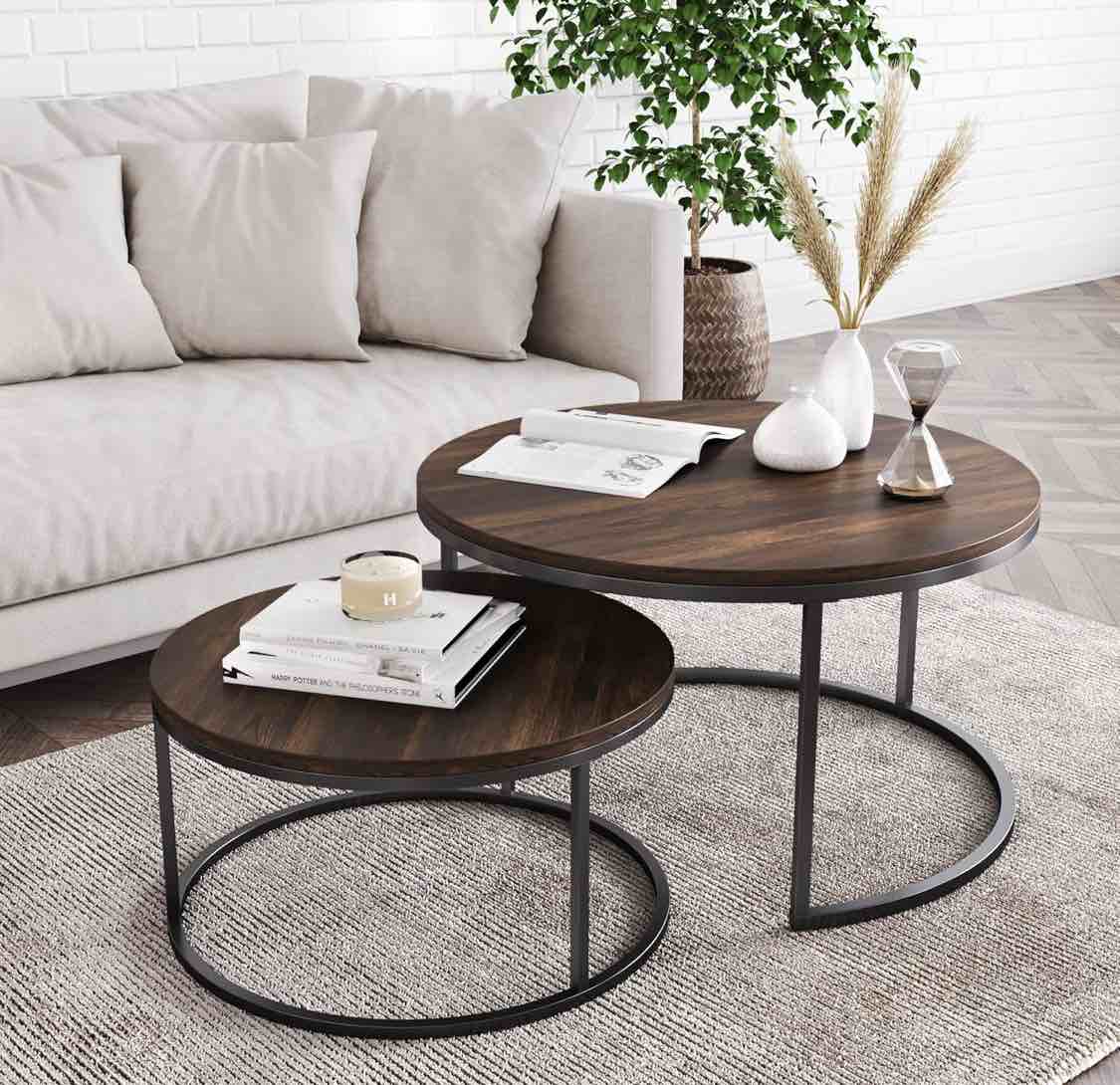 Nathan James Stella Round Modern Nesting Coffee Set of 2, Stacking Living Room Accent Tables with an Industrial Wood Finish and Powder Coated Metal Frame, Warm Nutmeg/Matte Black