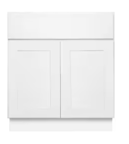 33-in W x 34.5-in H x 24-in D White Sink Base Ready to assemble Plywood Cabinet ( Similar to one in stock.. Drawer needs fixing)