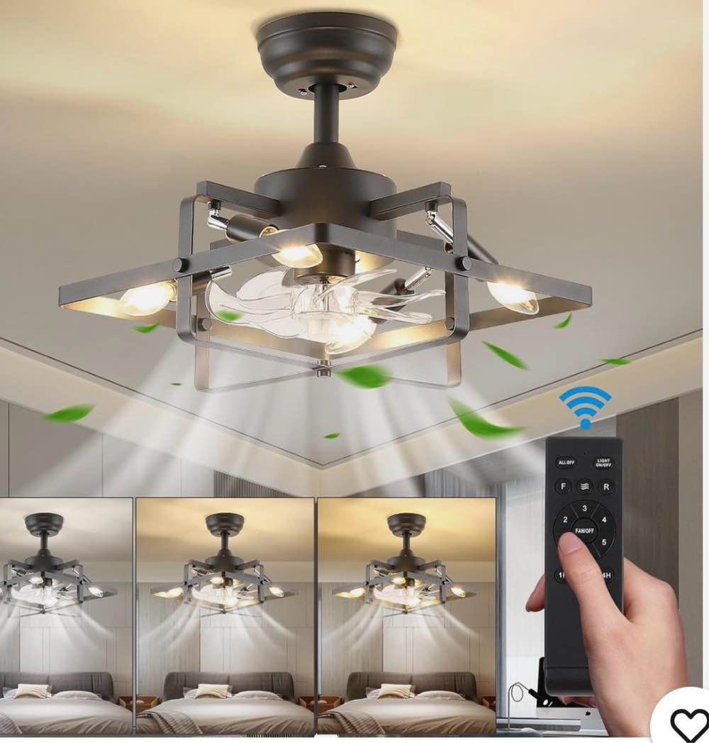 16" Black Cage Ceiling Fan with Light, Industrial Ceiling Fan with Remote Contro