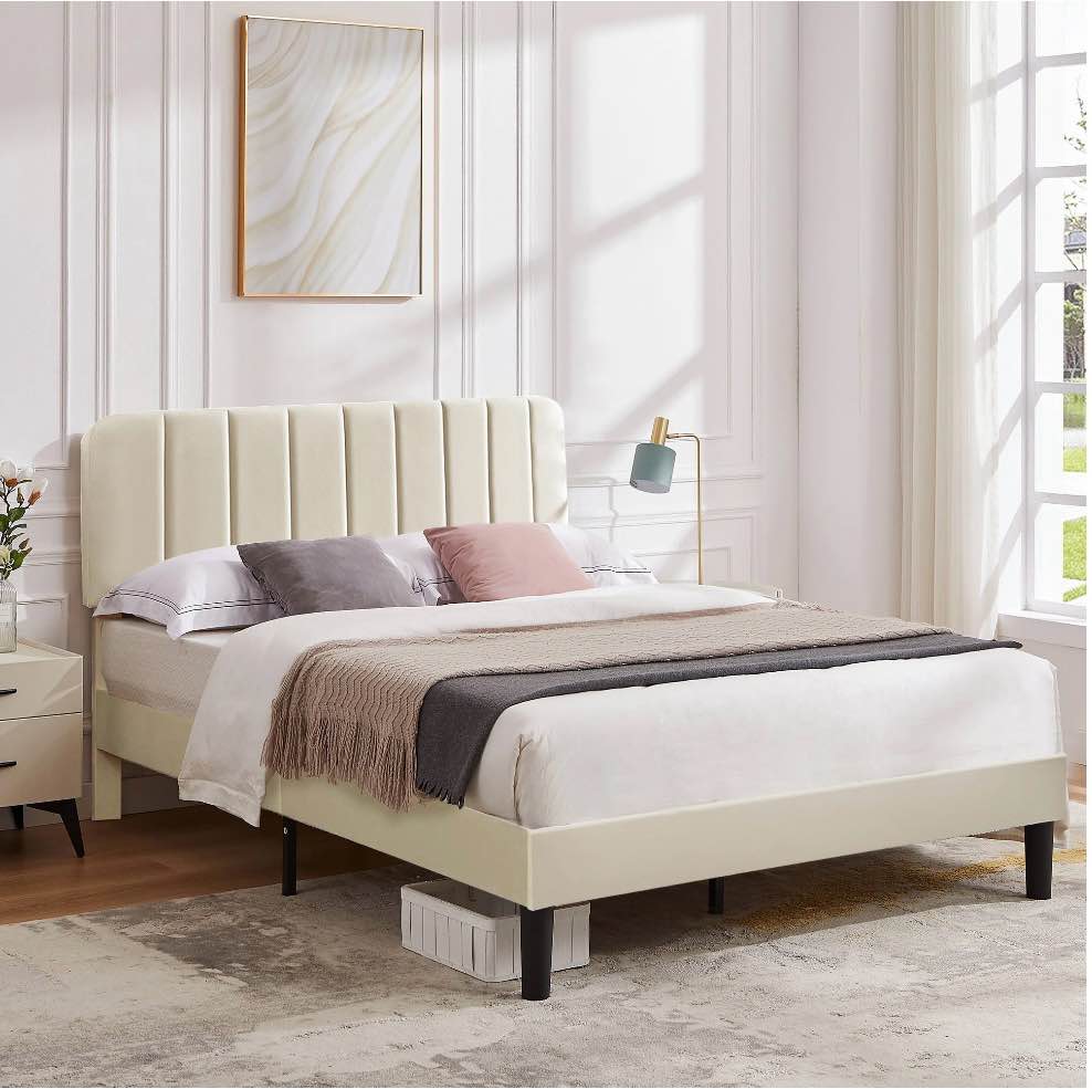 VECELO Full Size Upholstered Beds, Modern Platform Bed Frame with Adjustable Headboard, Wooden Slats Support/No Box Spring Needed, Beige