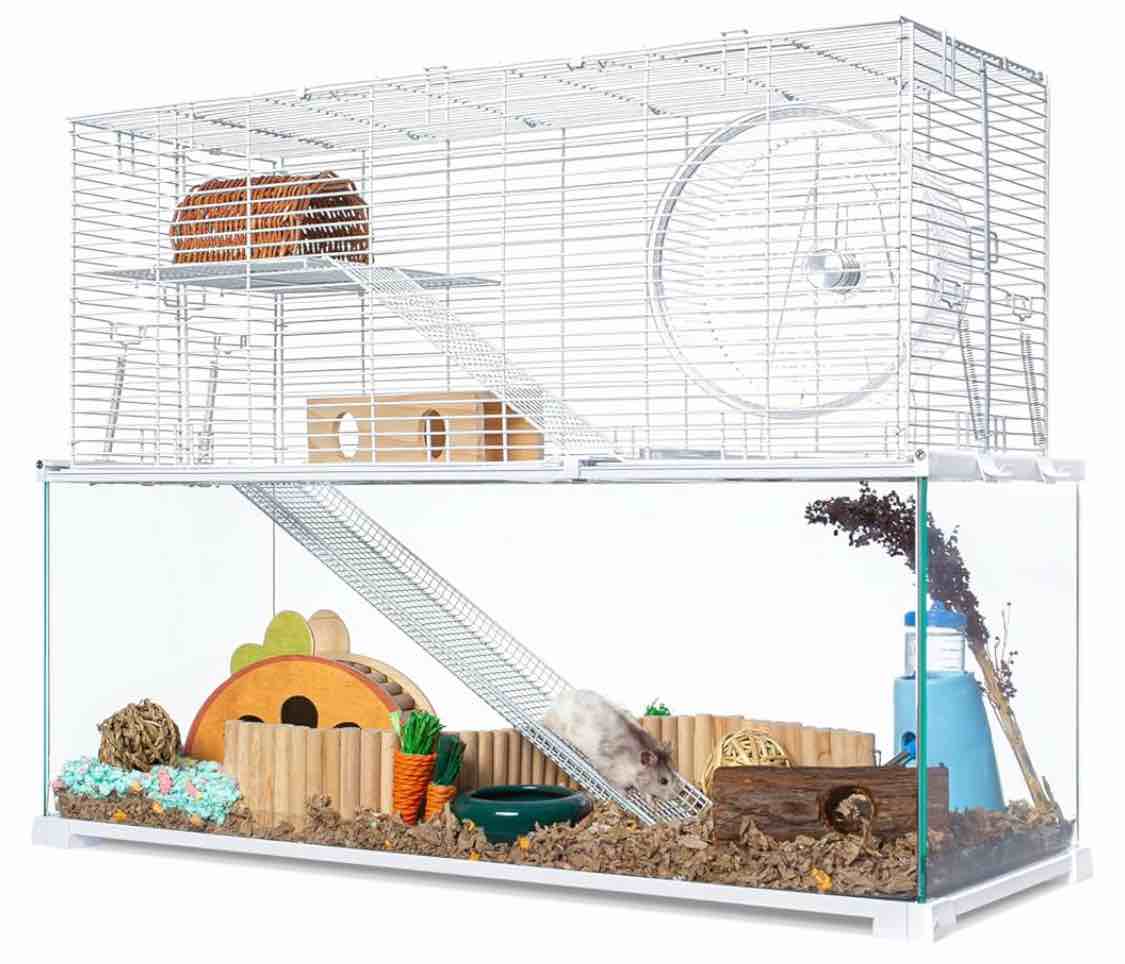 OIIBO 3 Tiers Large Hamster Cages, Glass Hamster Cage Habitat with Openable Wire Topper, Gerbil Cage with Two Ladders Ramps and Removeable Waterproof PVC Tray, Easy to Clean