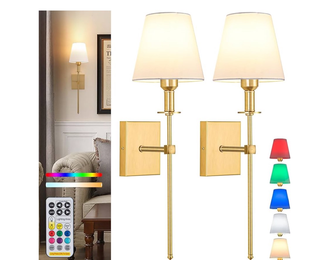 Wall Lights Battery Operated Wall Sconces Set Of 2,Gold Rechargeable Wall Light With Wireless Remote Dimmable,10 Colors Modes Cordless Battery Sconce Indoor Wall lamp for Bedroom Living Room Hallway