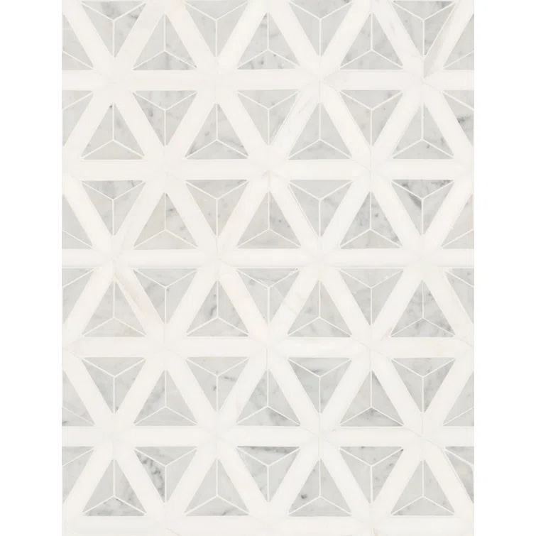 Carrara White Faceted 9.26" x 12" Polished Marble Mesh-Mounted Mosaic Tile