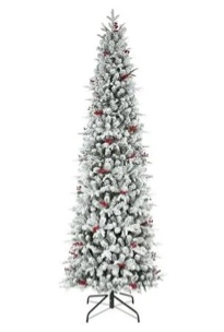 Haute Decor Lexington Artificial Flocked Fir Slim Christmas Tree (9-Foot) - Pre-Lit Extra Tall Snowy Holiday Tree with Red Berries