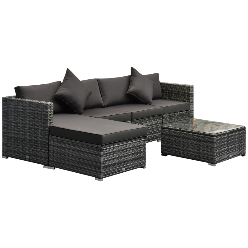 Outsunny 6 Piece Patio Furniture Set Outdoor Wicker Conversation Set All Weather PE Rattan Sectional Sofa Set with Ottoman, Cushions and Tempered Glass Table, Mixed Gray and Charcoal