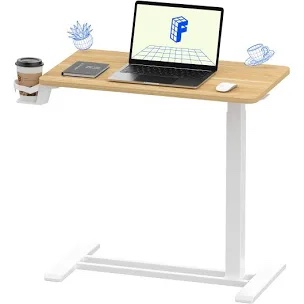 FLEXISPOT Adjustable Overbed Bedside Table with Wheels Pneumatic Mobile Standing Desk Laptop Desk Rolling Computer Cart Movable Overbed Table Hospital Home Use(27.6" W x 15.7" D, White)