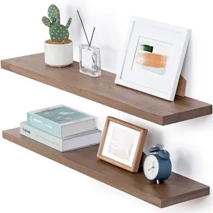Wood Floating Shelves for Wall Decor Storage, Hanging Rustic Wall Shelves for Bedroom Bathroom Kitchen Living Room, Set of 4 Light Walnut 36 Inch