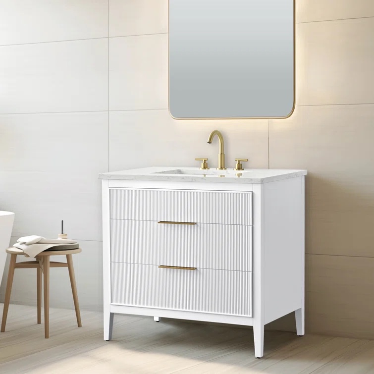 Bilroy 36'' White Modern Style Single Bathroom Vanity with Engineered White Marble Stone Top, Shiny Gold Handles, Fluted Drawers, 36" W x 22" D x 34" H