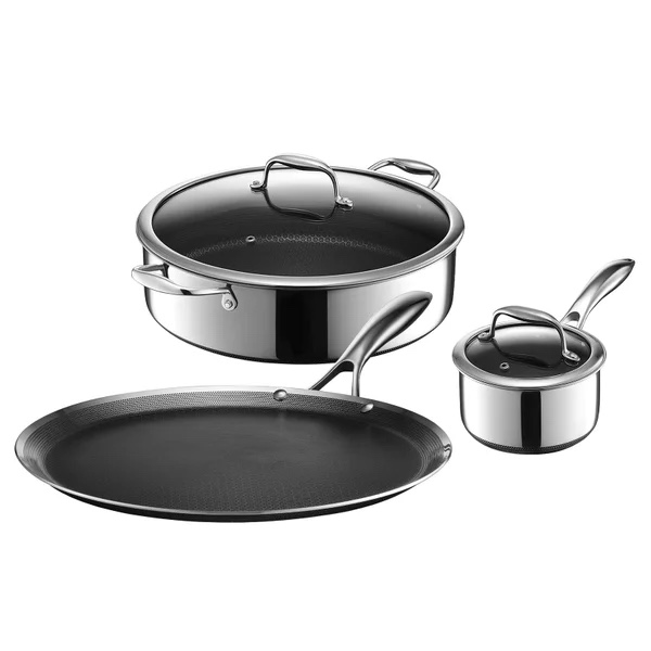 Hexclad Hybrid Cookware Set, 5-piece 7Qt Chicken Fryer with Lid, 1 Qt Pot with Lid, and 12” Griddle Hybrid, Nonstick, Tri-Ply, Stainless Steel. Patented Hybrid Non-stick Technology, Compatible With Gas, Induction, Electric and Ceramic Cooktops, Oven-safe up to 500°F, Lids up to 400°F, Dishwasher-friendly
