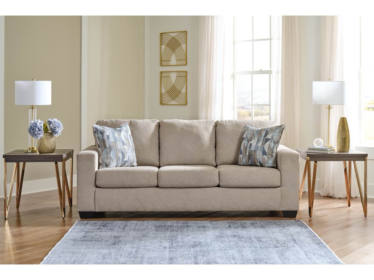 Deltona Sofa Soft Beige 3 Seater Sofa with Abstract Throw Pillows, Width: 85.00" Height: 37.00" Depth: 38.00"