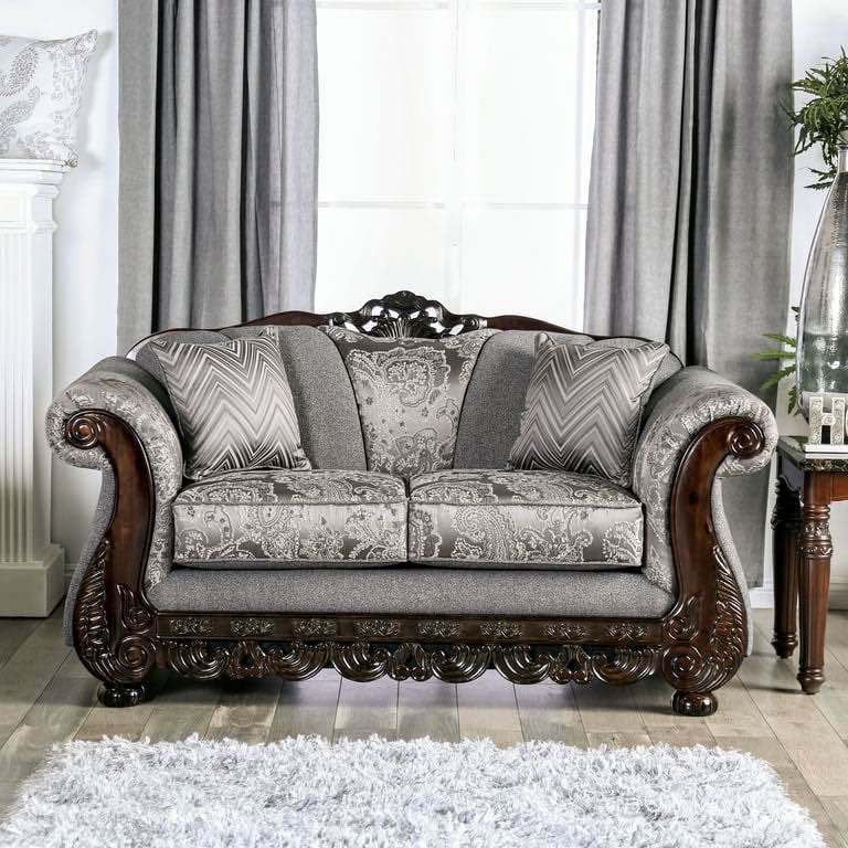 Gracewood Chenille Rolled Arm Loveseat, Cherry Wood Decoratively Carved Trim and Grey Chenille Fabric Cushions/Backing, Lush Tufted 2 Seater Loveseat  40 inches high x 70 inches wide x 36 inches deep. Hardware for front feet need replaced otherwise brand new