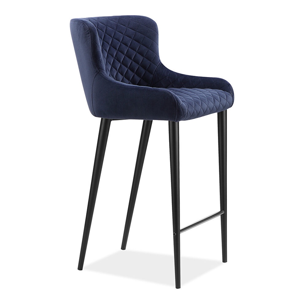 Carly Diamond Tufted Velvet Blue Counter & Bar Stool, Set of 6, Black Metal Tall Frame, Foam Cushioning. 11” Height
