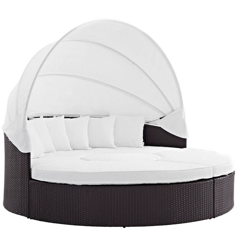 Modway Convene Wicker Rattan Outdoor Patio Retractable Canopy Round Poolside Sectional Sofa Daybed with Cushions in Espresso with White Cushions and Cover