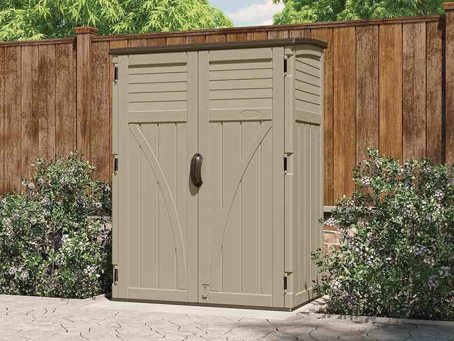 Suncast 54 Cubic Feet Vertical Storage Shed with Durable Plastic Construction, Multiple Wall Panels and Ample Space for Outdoor Storage. Beige Doors and siding, dark brown top and handles