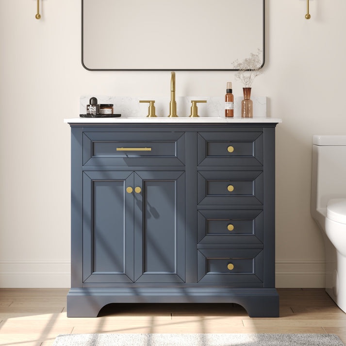 DeerValley 36" Single Bathroom Vanity in Midnight Blue, with White Ceramic Sink Top. 2 Drawers, 1 Pull Down Drawer, 1 False Drawer, 1 Cabinet. Matte gold handles. 33.90" H X 35.98" W X 22.01" D