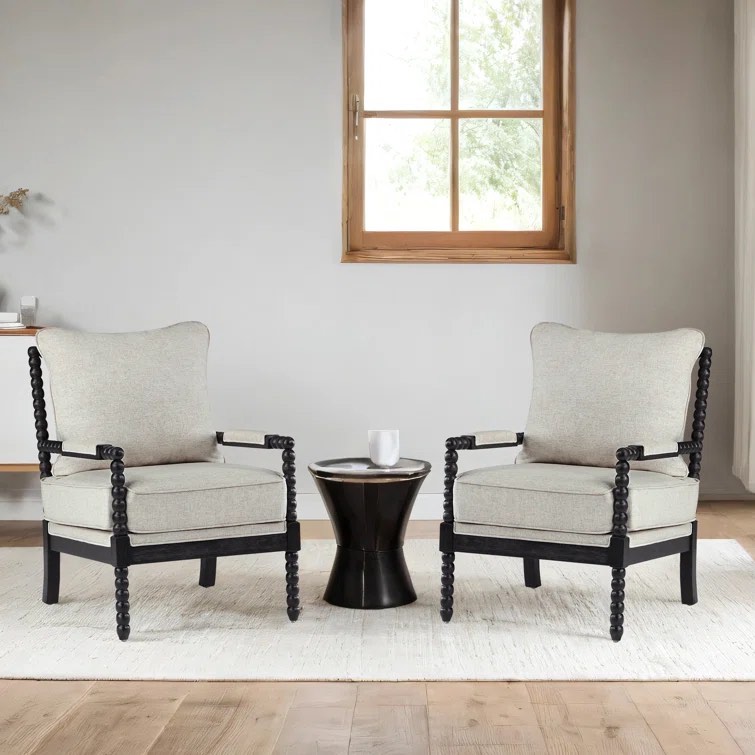 DUHOME Linen Fabric Spindle Accent Chair with Black Painted Traditional Style Wood Frame and Beige Cushions, Set of 2