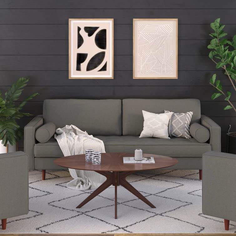 Geo 84" Upholstered Sofa, Soft Charcoal Grey 3 Person Modern Style Sofa with Walnut Legs and Tufted Cushioning