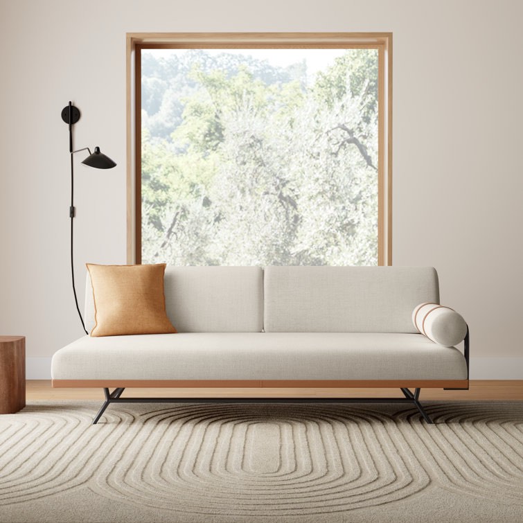 Elsmere 81" Upholstered Convertible Sofa, 2 Seater Basketwoven Venga Fabric Sofa in Cream with Spender Metal Frame and Cushions with Camel Brown Leather Straps. 29.5'' H X 80.7'' W X 42.5'' D