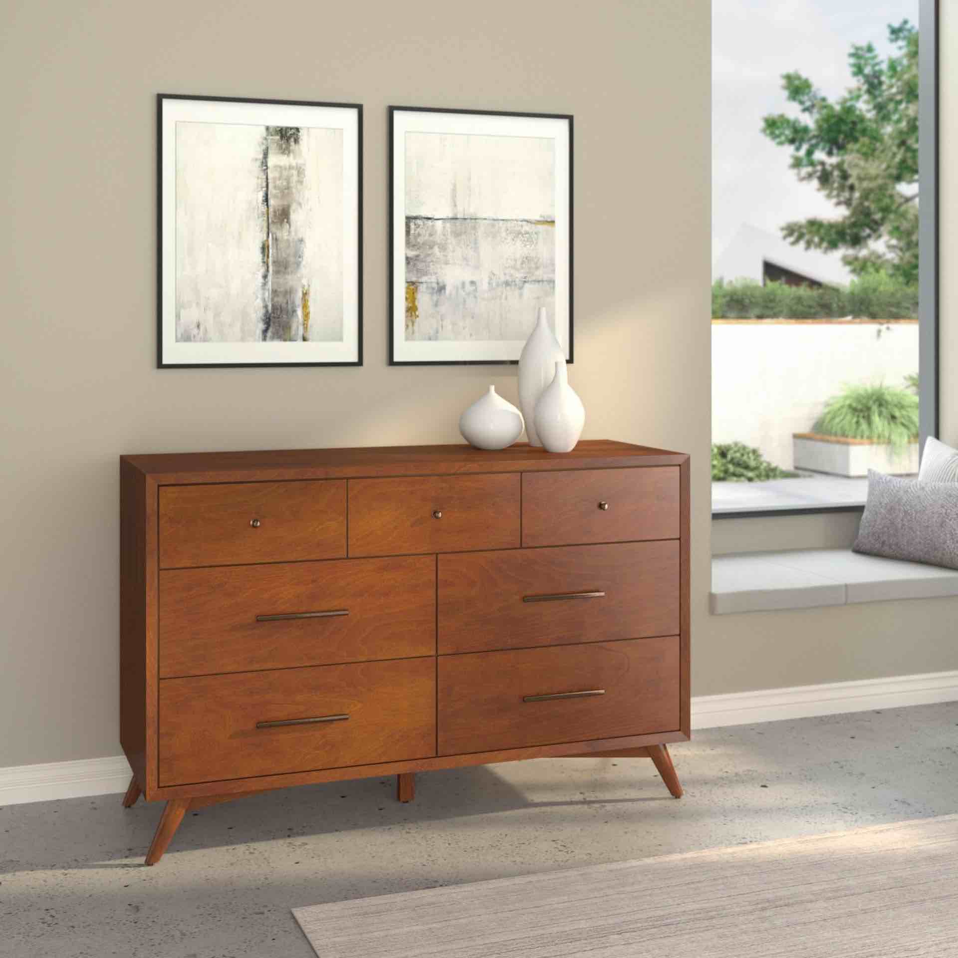 Alpine Furniture Flynn Mid Century Modern 7 Drawer Dresser, 56" W x 19" D x 36.5" H in Chestnut with Black Metal Handles and Knobs 